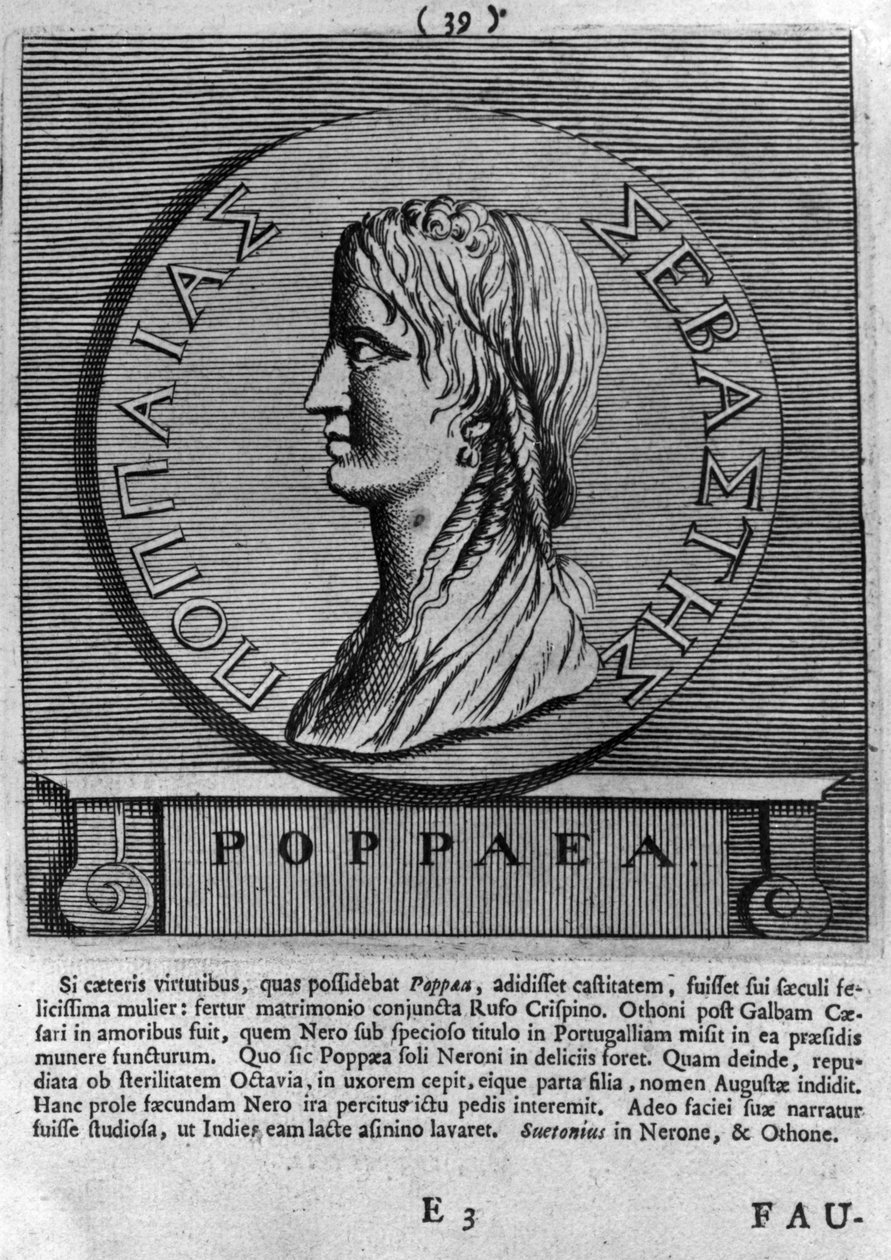 Poppea Sabina, incisione da una moneta romana datata 54-68 d.C. da Roman