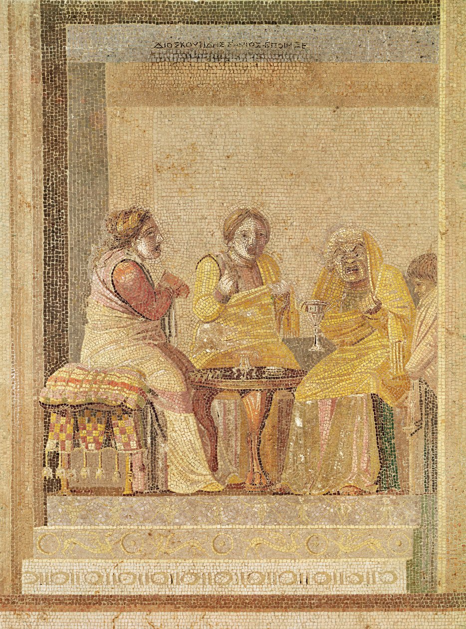 Scena teatrale: Un mago con clienti (mosaico) da Roman