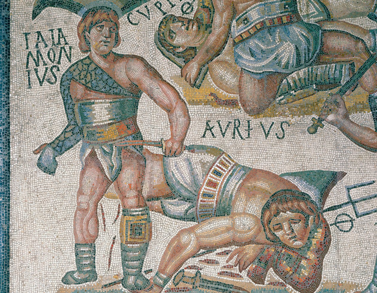 Mosaico che mostra una scena di gladiatori in combattimento (dettaglio), conservato nella Galleria Borghese a Roma da Roman Roman