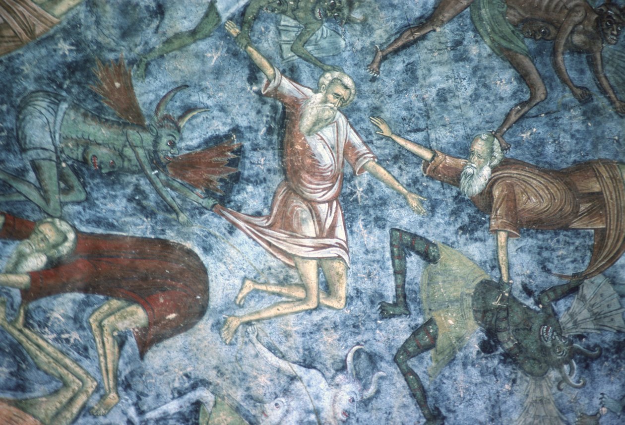 Peccatori trascinati dai demoni, dettaglio del dipinto La scala del cielo, parete nord della chiesa, c.1601 da Romanian School