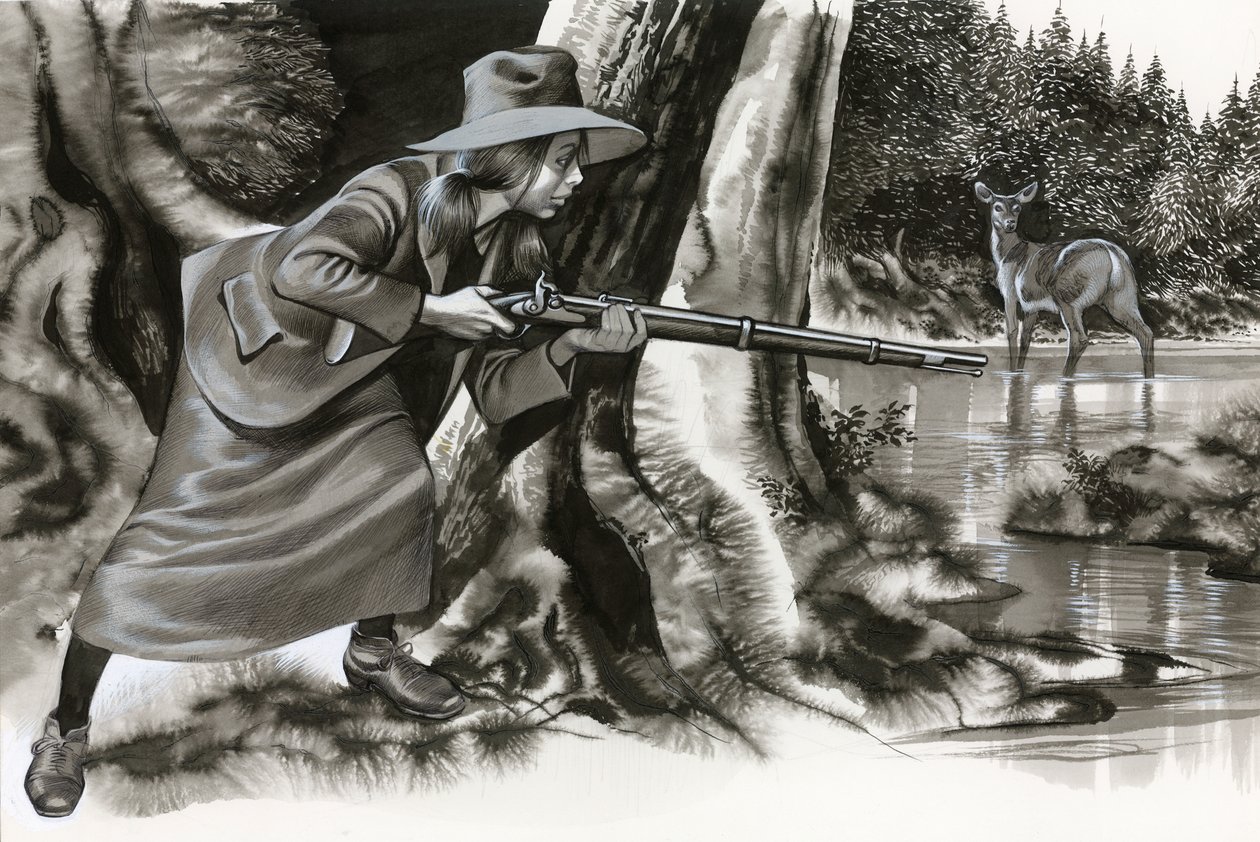 Annie Oakley che spara a un cervo da Ron Embleton
