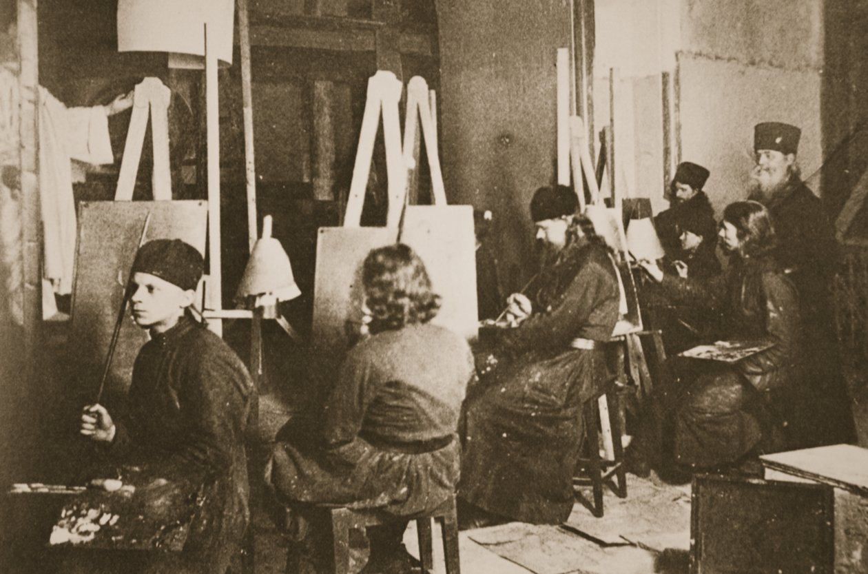 Pittura di icone al monastero di Valamo sul Lago Ladoga, c.1885 da Russian Photographer