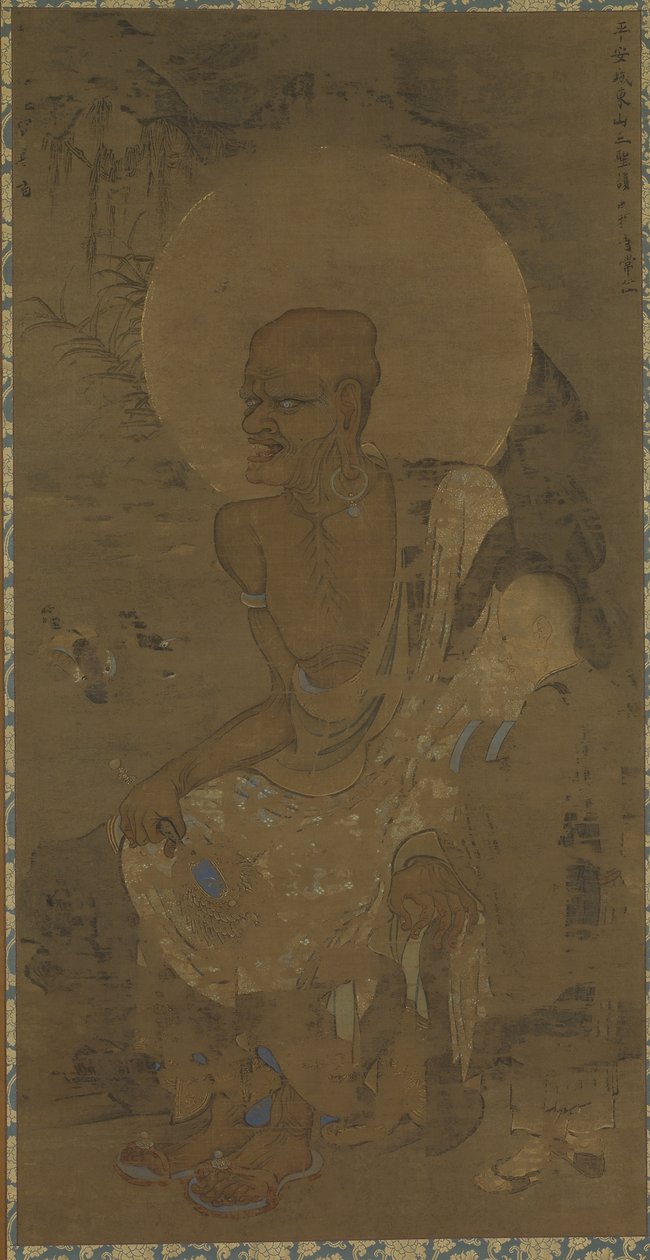 Arhat (Dakora Sonja - Nakula) seduto; un uomo in piedi alla sua sinistra, periodo Nanbokucho, metà del XIV secolo da Ryozen