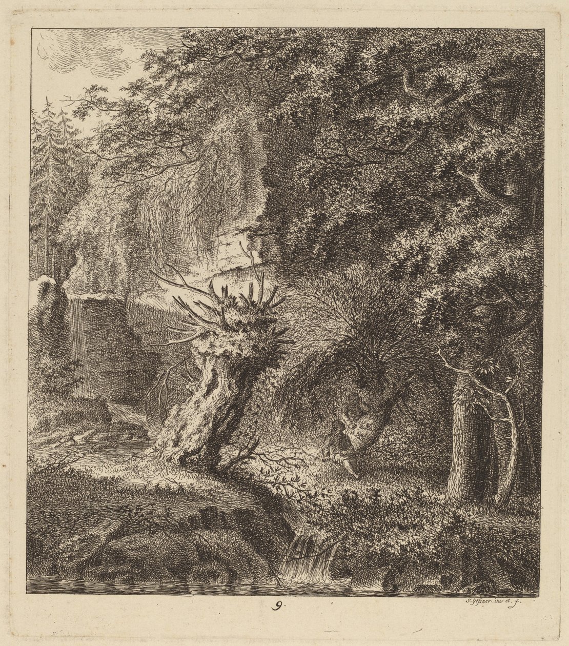 Paesaggio boscoso con un albero capitozzato da Salomon Gessner