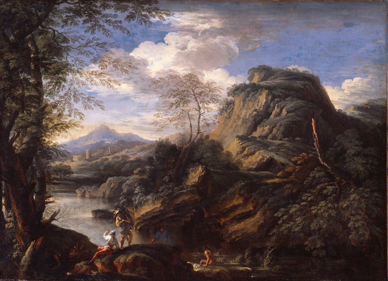 Paesaggio montano con figure e un uomo che si bagna da Salvator Rosa