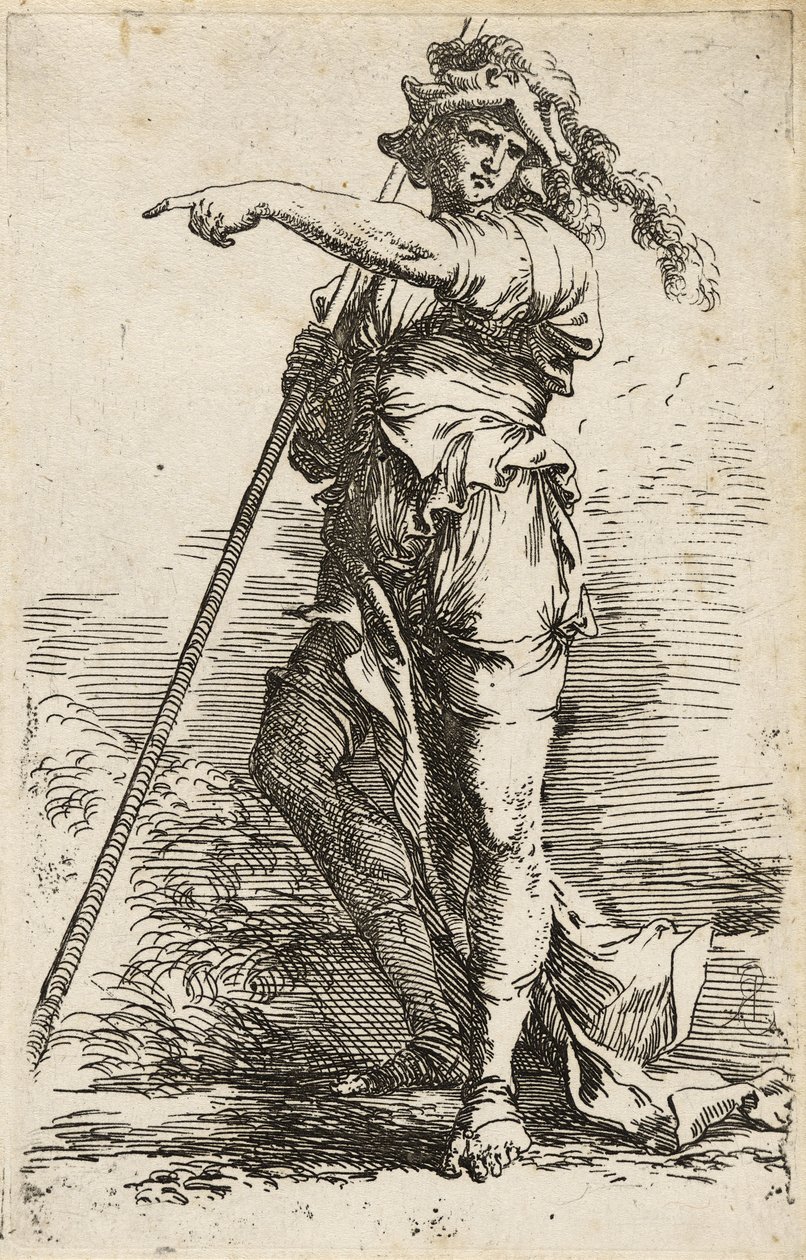 Guerriero in piedi, con un lungo bastone sulla spalla e che punta, c.1656-57 da Salvator Rosa