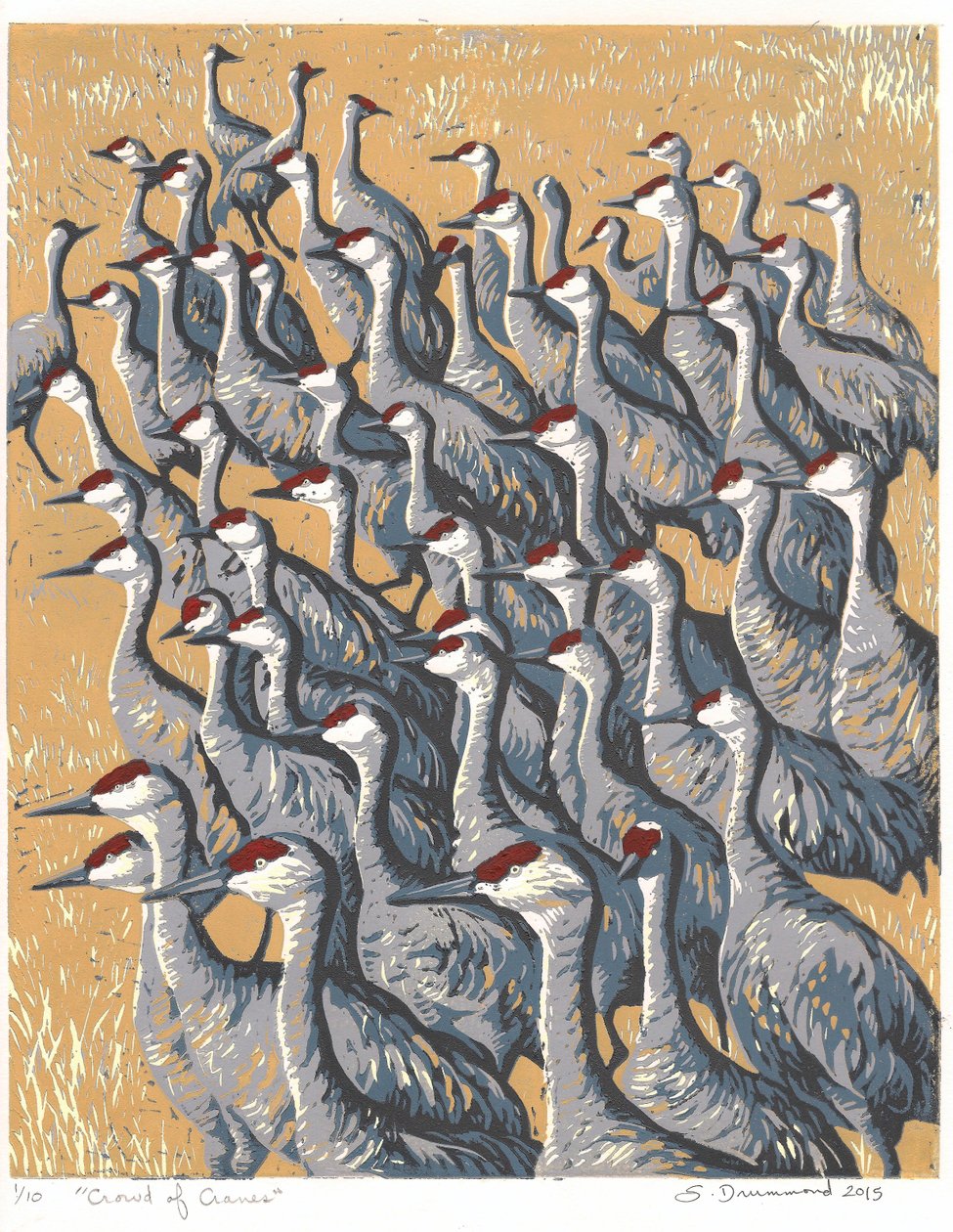 Folla di gru, 2015 (Linocut) da Sarah Drummond