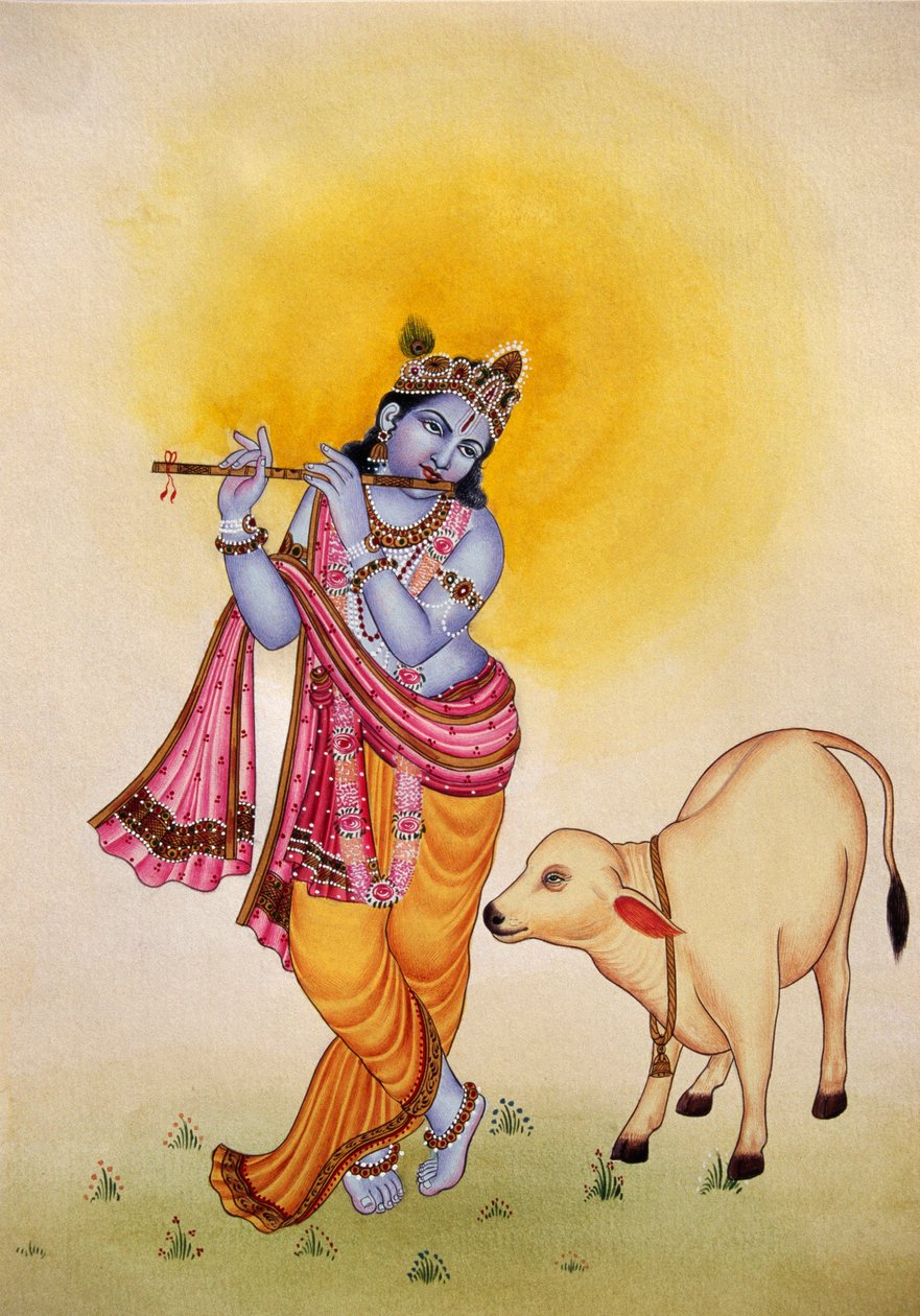 Dipinto Miniatura di Lord Krishna su Carta da School Indian