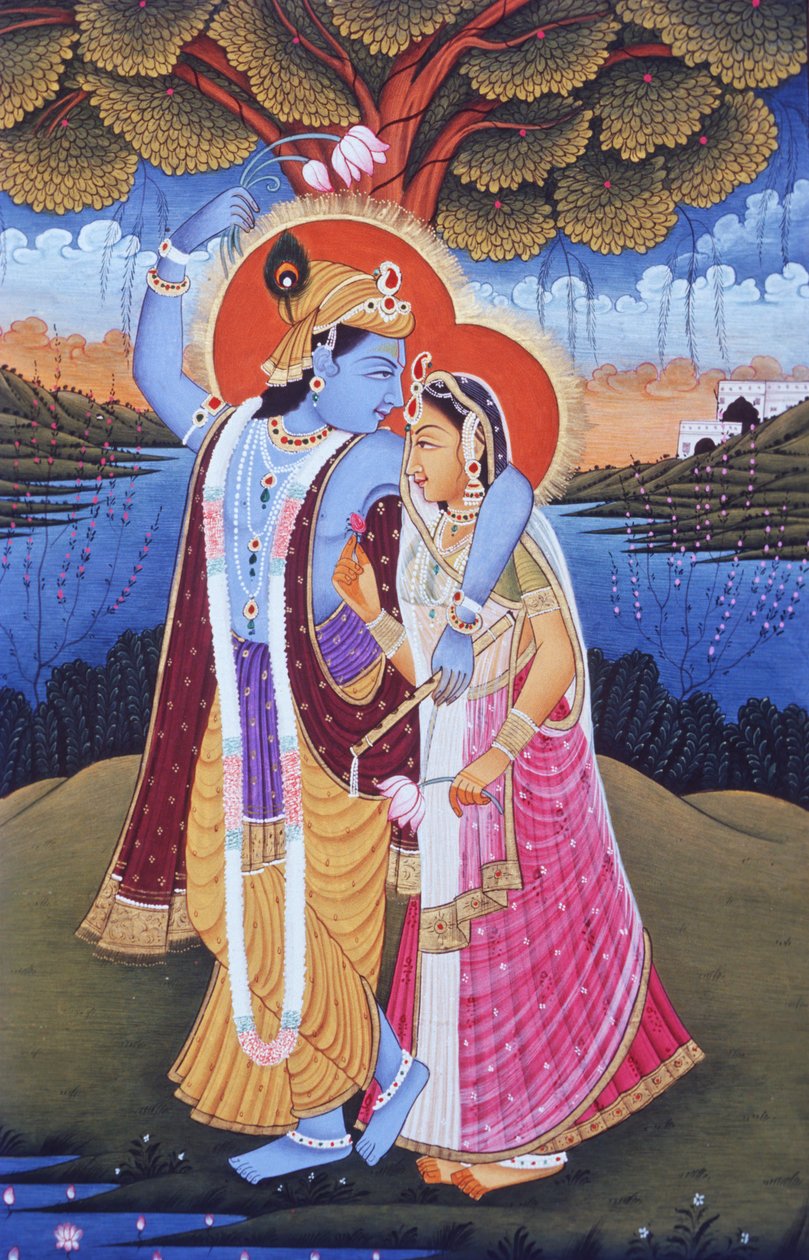 Dipinto in miniatura di Radha Krishna, India da School Indian