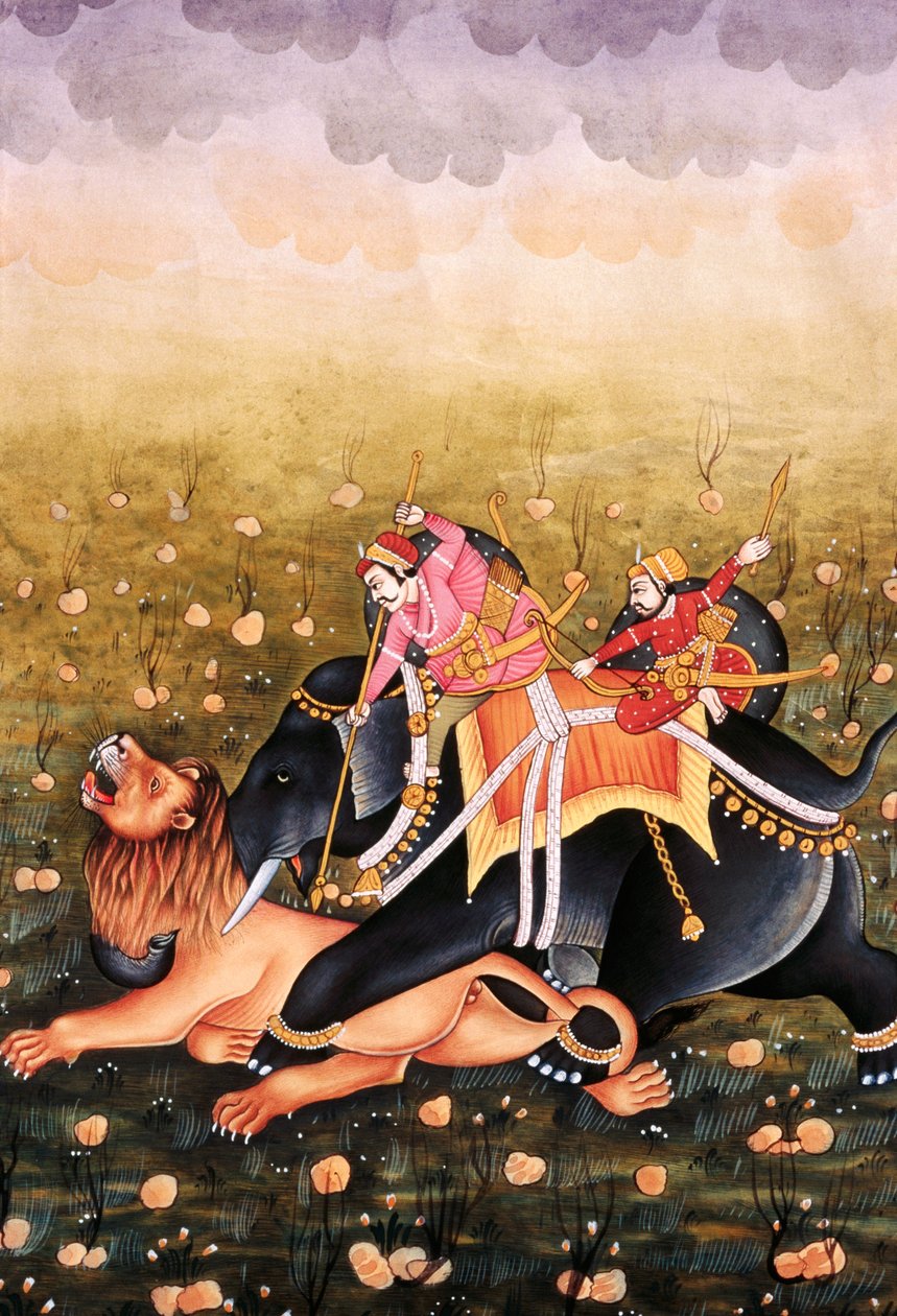 Miniatura su carta, re Mughal a caccia da School Indian