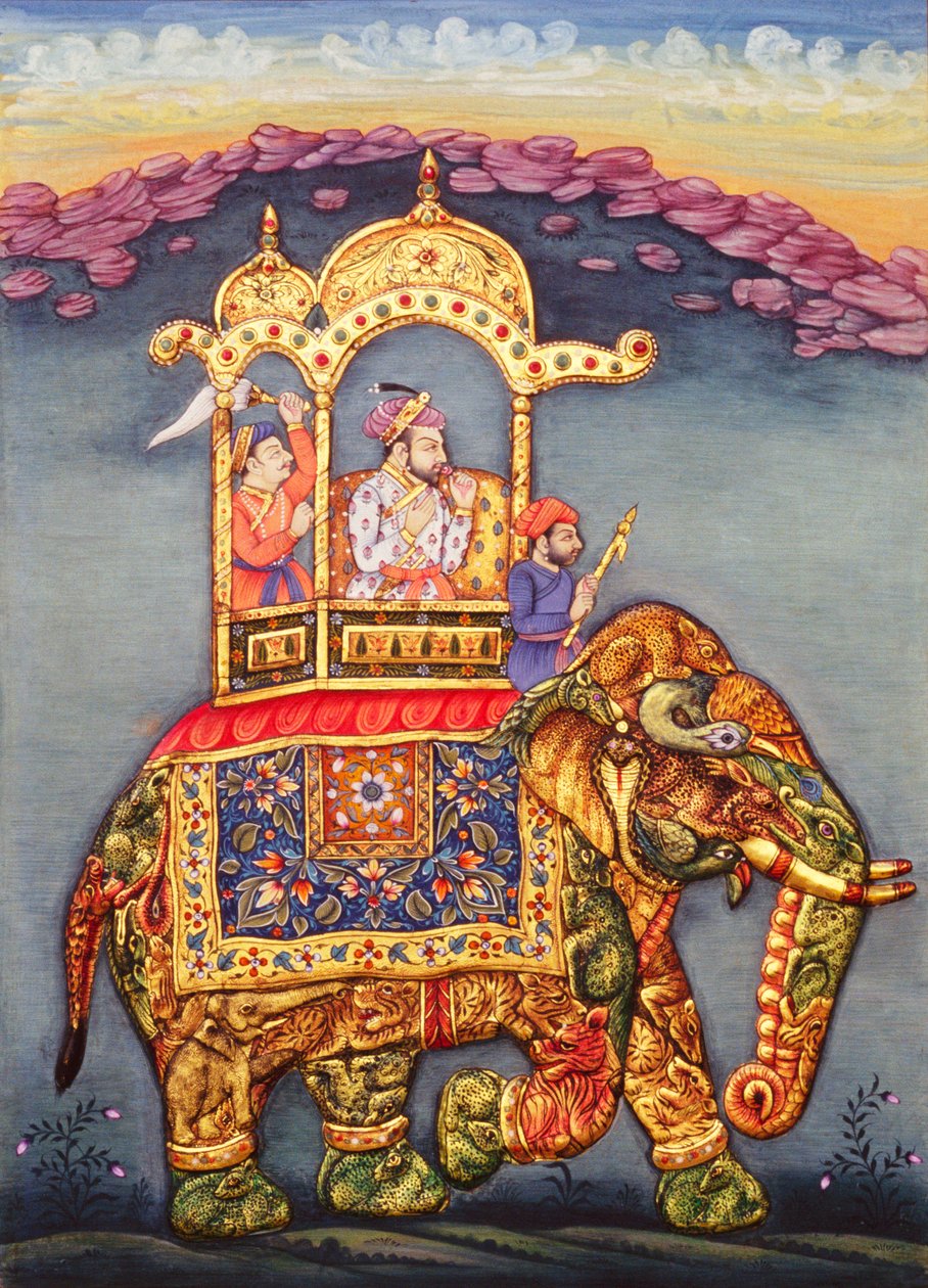 Il re Mughal Shah Jahan a cavallo di un elefante da School Indian