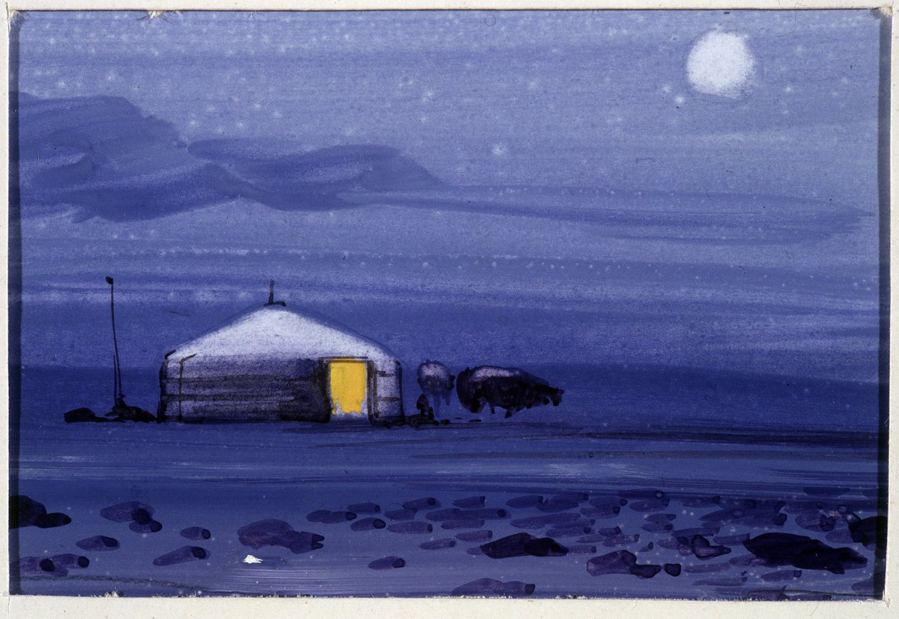 Yurta mongola, notte - Acquerello mongolo da School Mongolian