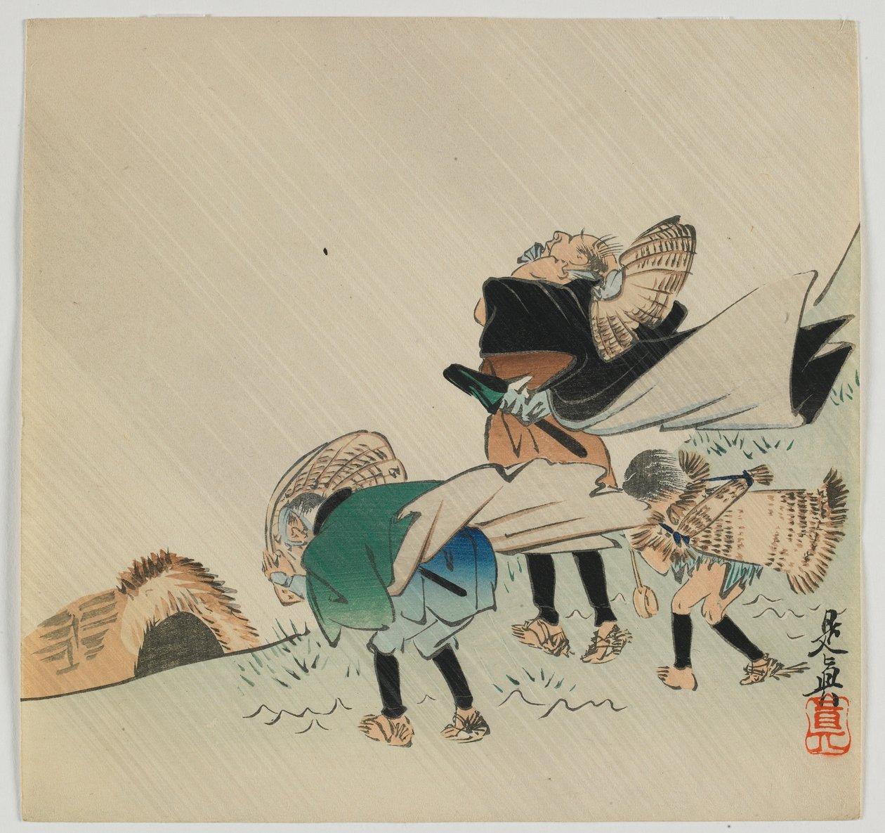 Tre viaggiatori colti dal vento, era Meiji, fine XIX secolo da Shibata Zeshin
