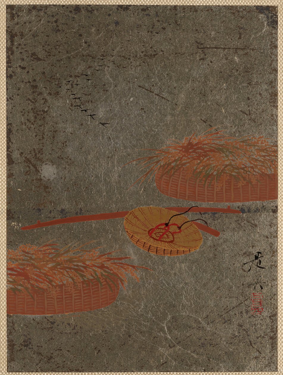 Cesti di fiori e cappello da contadino, ca. 1880 da Shibata Zeshin