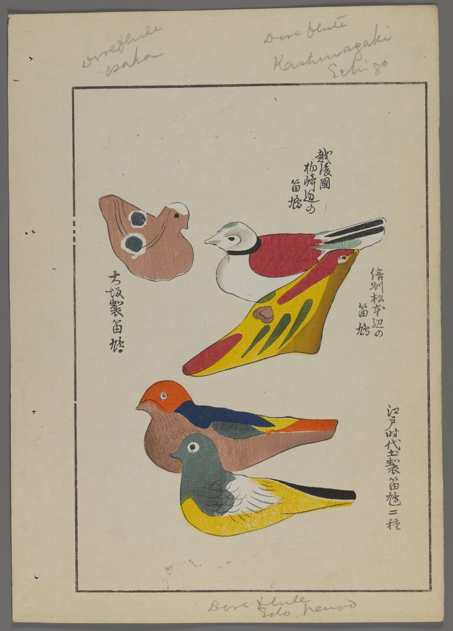 Giochi giapponesi, da Unai no tomo (Gli amici di un bambino) di Shimizu Seifu, 1891-1923. Fischietti a forma di uccello. da Shimizu Seifu
