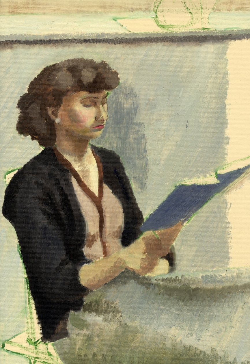 Donna seduta che legge da Shirley Markham