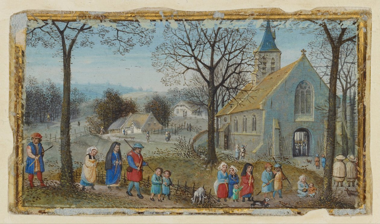 Paesani in cammino verso la chiesa da Simon Bening