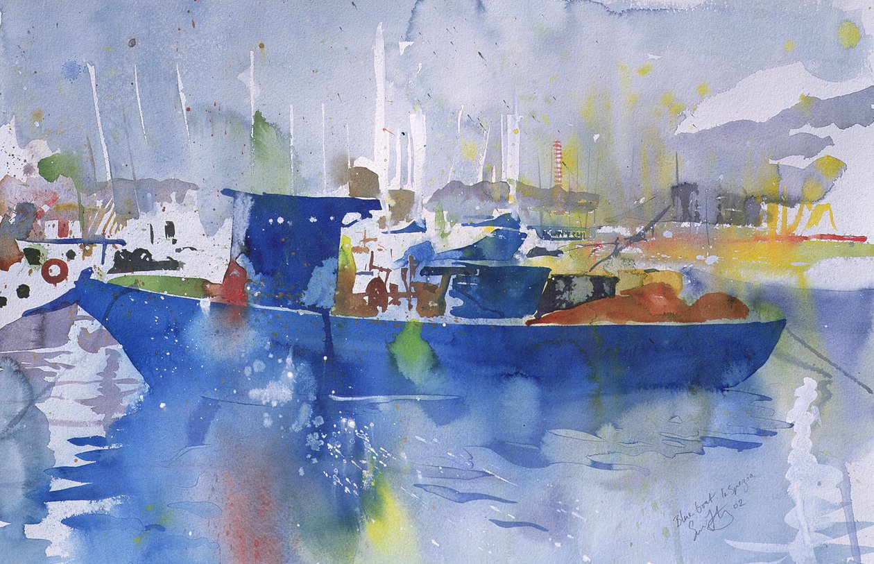 Barca blu La spezia, Italia, 2002 (acquerello) da Simon Fletcher