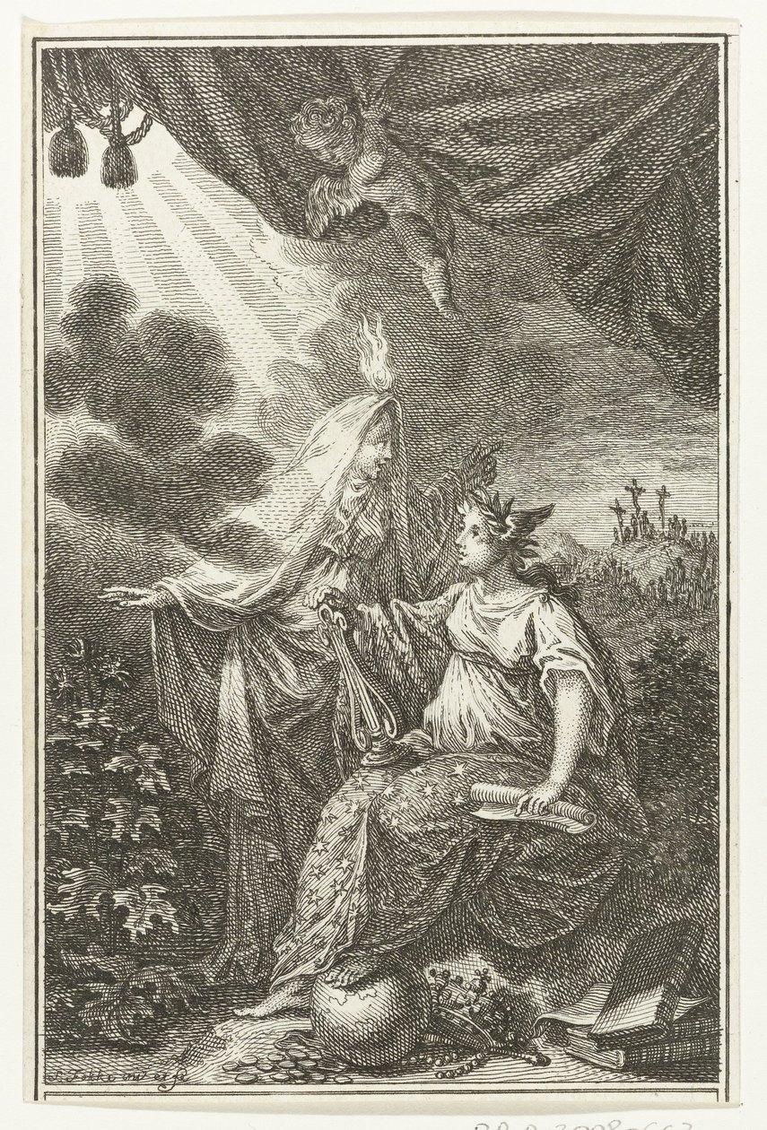 Figure allegoriche vicino al monte Golgota da Simon Fokke