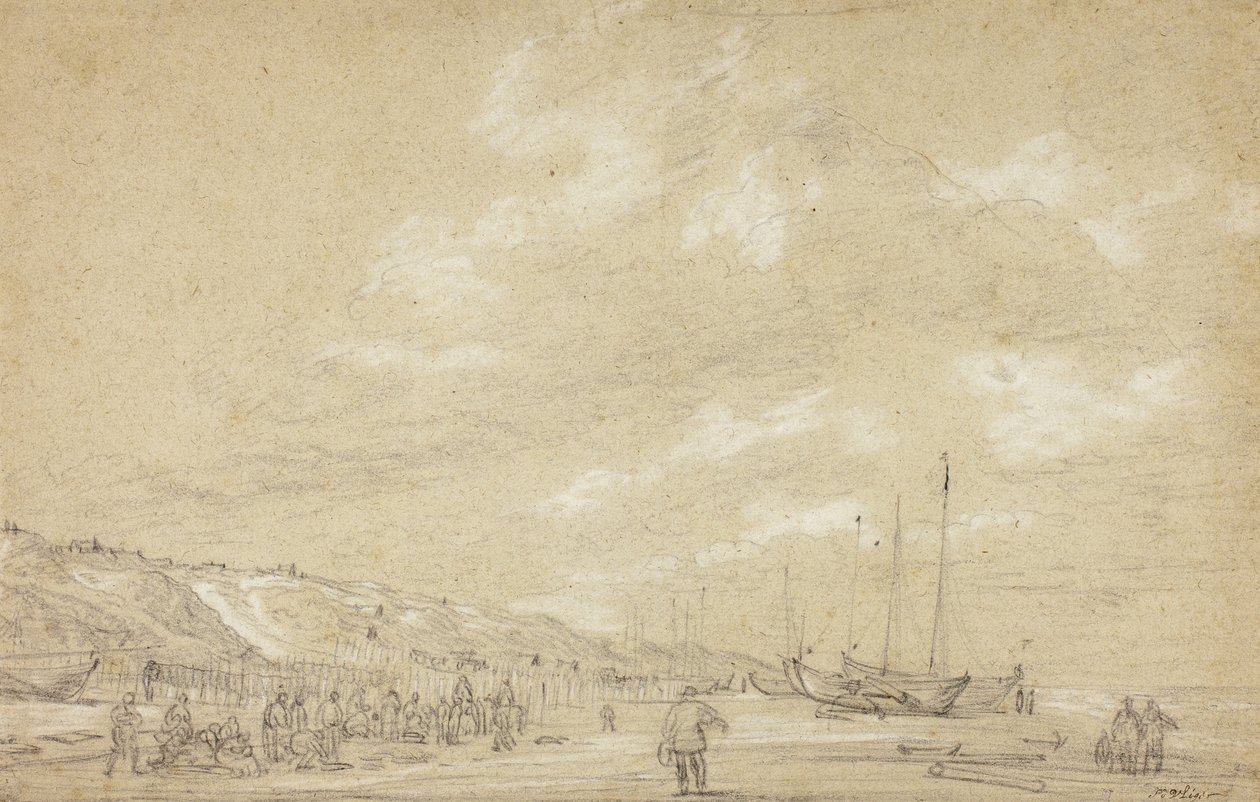Pescatori che asciugano le reti sulla spiaggia di Scheveningen da Simon Jacobsz. Vlieger