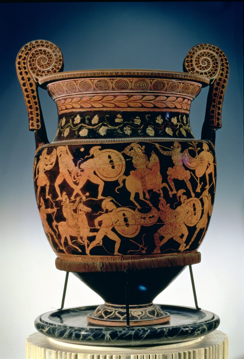 Cratere a volute a figure rosse che raffigura la battaglia tra Greci e Amazzoni, Apulo da Sisyphus Painter