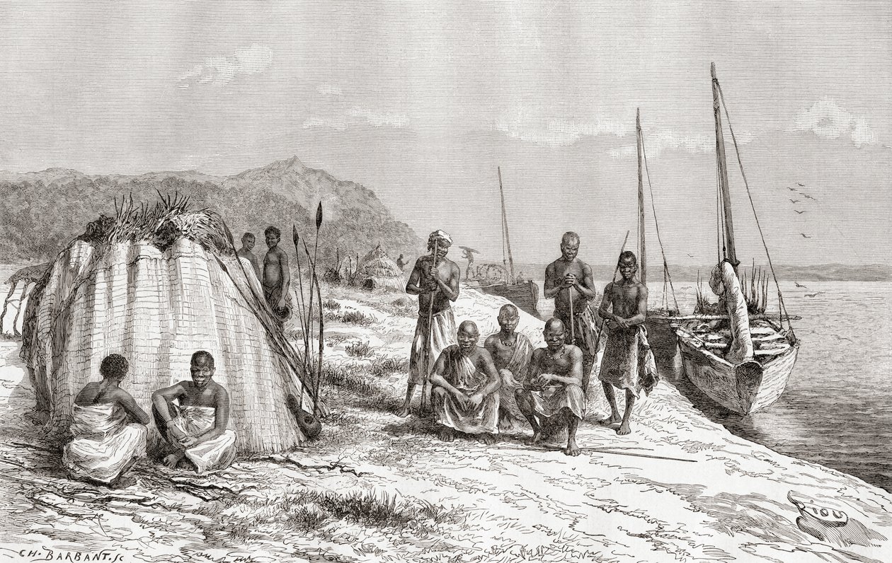 Tribesmen congolesi con le loro barche sul fiume Congo nel XIX secolo, da 