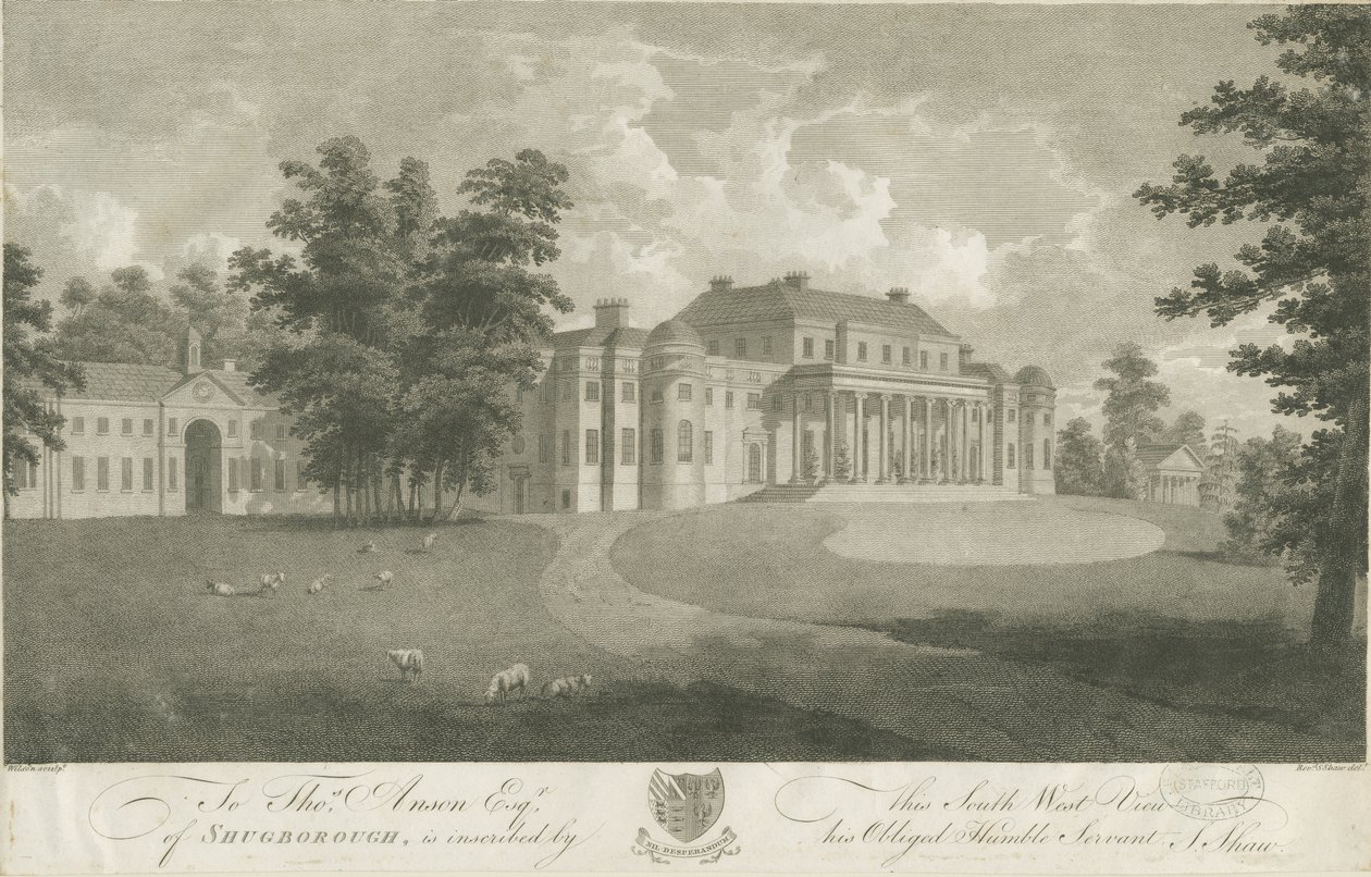 Shugborough Hall: incisione, nd [c 1800] da Stebbing Shaw