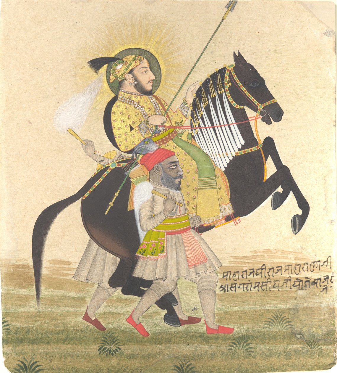 Maharana Sangram Singh che cavalca uno stallone premiato da Stipple Master