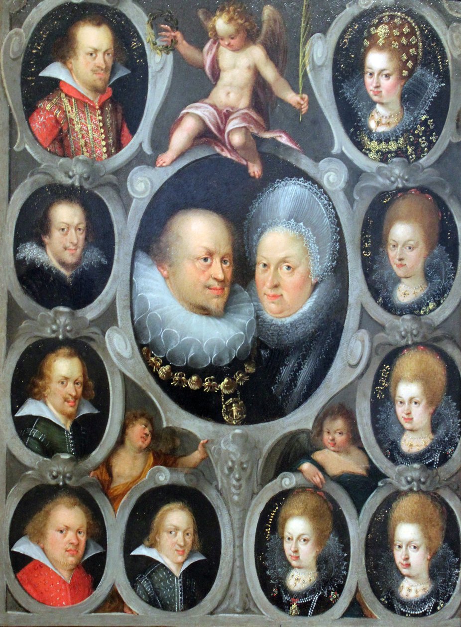 Duca Federico I (1557-1608) (reg. 1593 - 1608) e Duchessa Sibylla di Württemberg con dieci dei loro figli da Stuttgarter Hofmaler