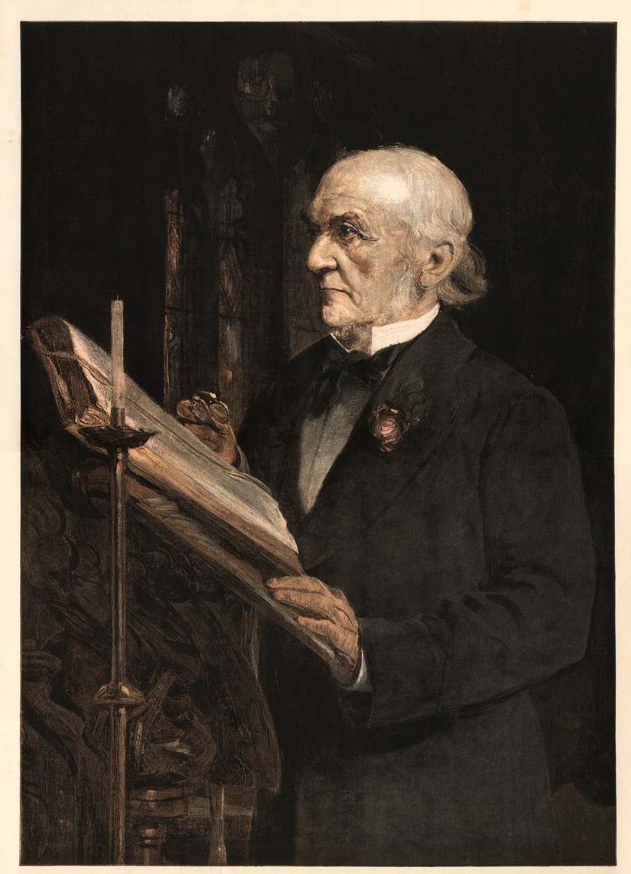 William Ewart Gladstone (1809-1898) legge la lezione nella chiesa di Hawarden da Sydney Prior after Hall