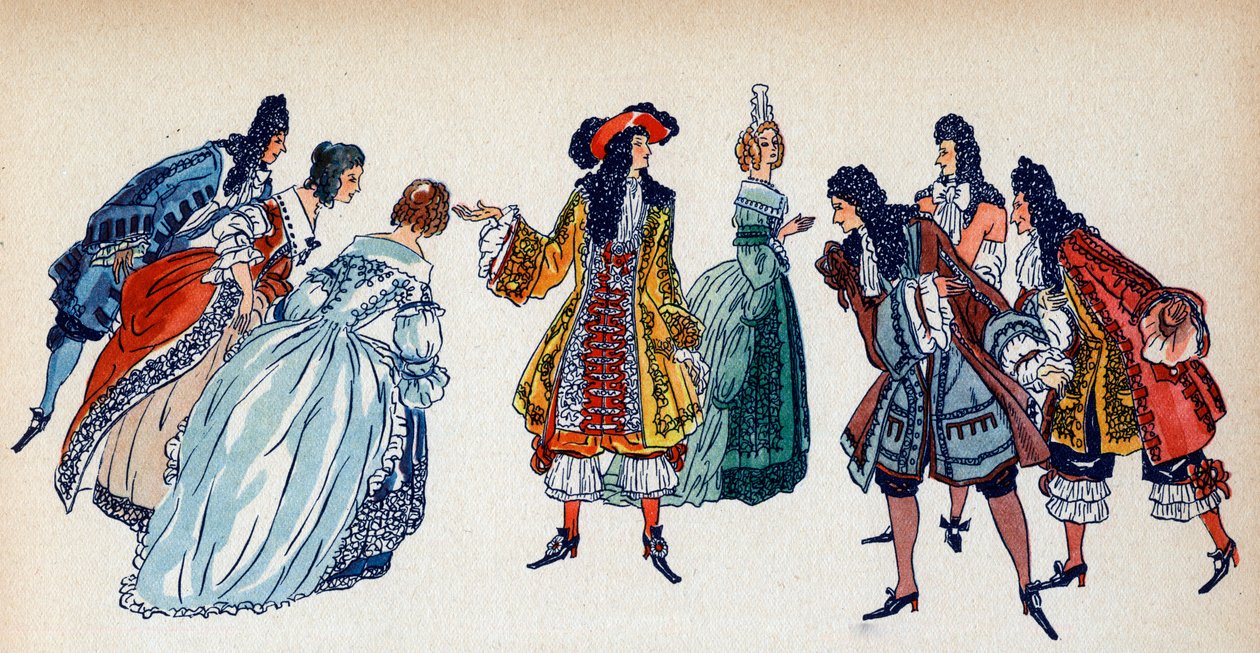 Il re Luigi XIV in mezzo ai cortigiani - Illustrazione di Sylvain Sauvage per il libro 