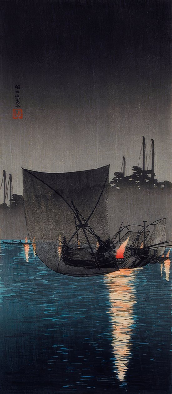 Isola di Tsukuda, reti da pesca di notte da Takahashi Hiroaki