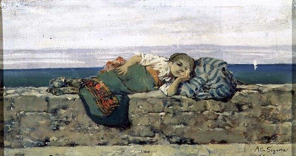Contadina sdraiata su un parapetto da Telemaco Signorini