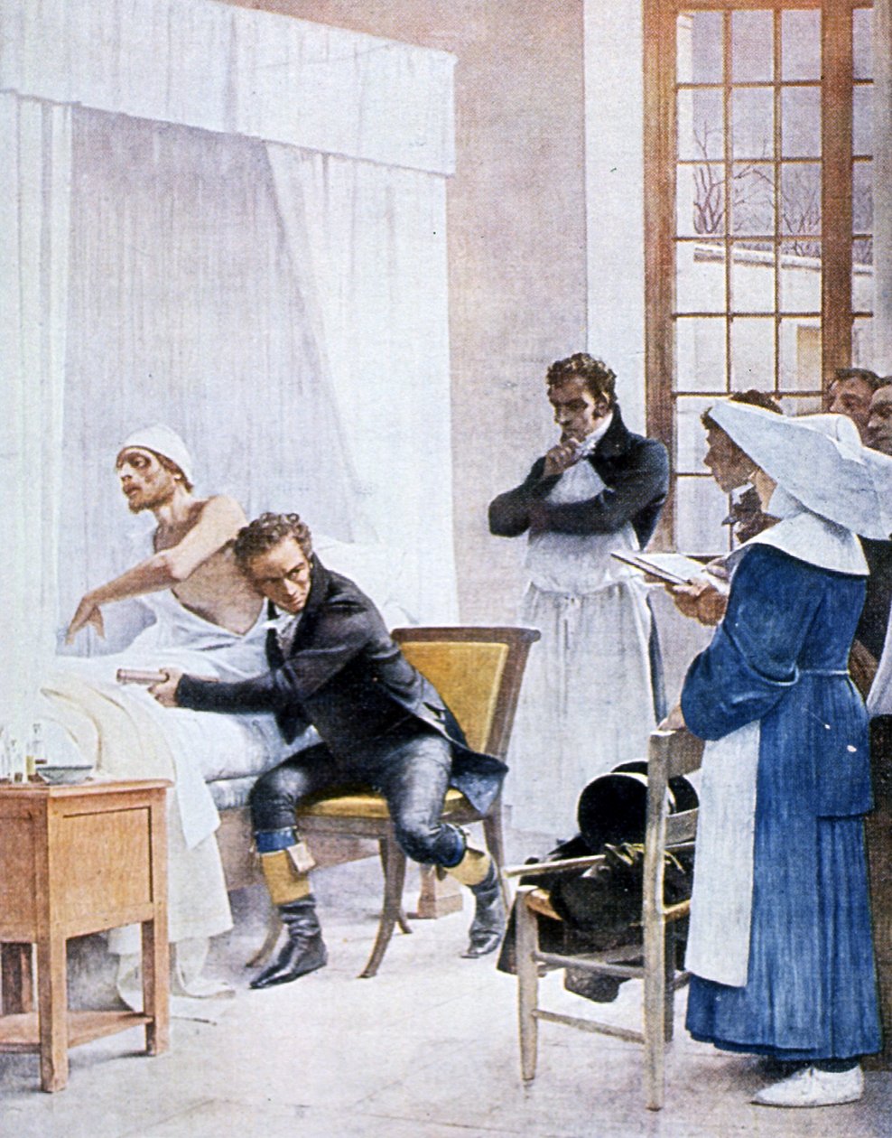 Rene Laënnec (1781-1826) ascolta il petto di un uomo con la tubercolosi, all