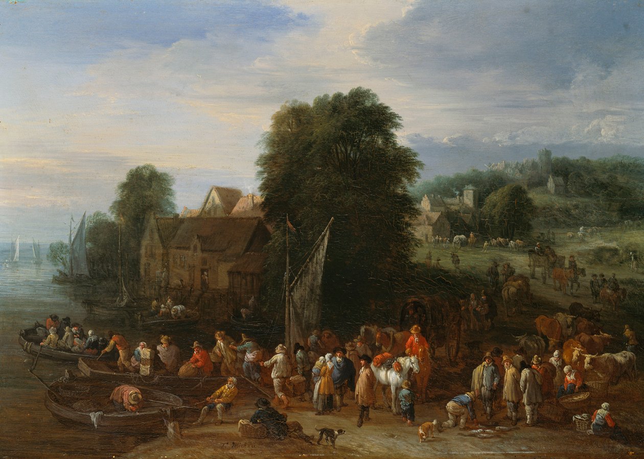 Viaggiatori che salgono su un traghetto da Theobald Michau