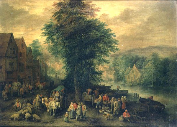 Paesaggio boscoso con contadini, carri e bestiame da Theobald Michau