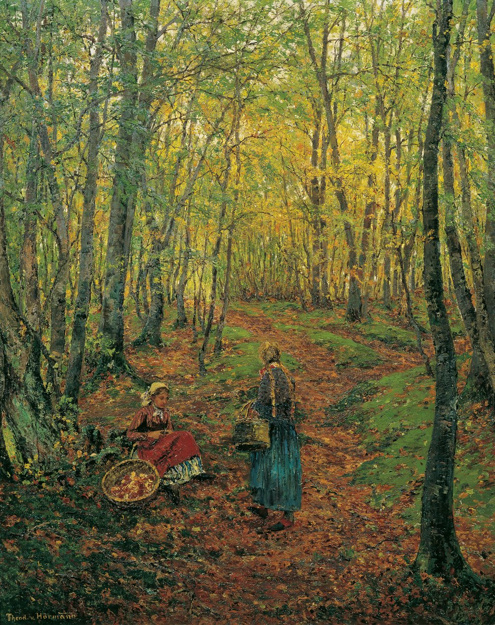 Interno del bosco con una ragazza che cerca funghi da Theodor von Hormann