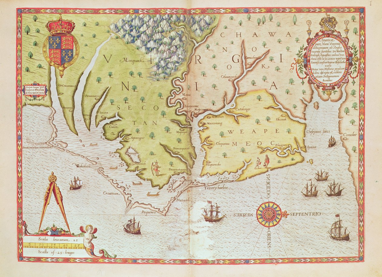 Admiranta Narratio... Mappa della Virginia (pagina 44-45), 1585-1588 da Theodore de Bry