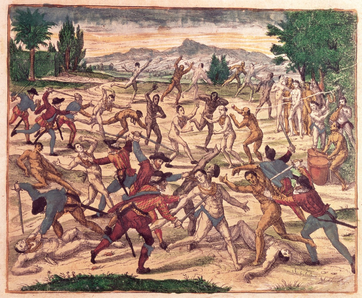 Pedro de Alvarado e i suoi soldati massacrano gli Aztechi, c.1520 da Theodore de Bry