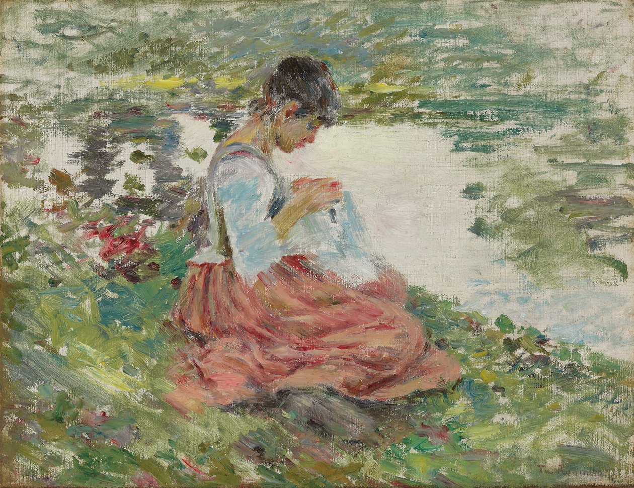 Ragazza che cuce vicino al fiume, c.1891 da Theodore Robinson