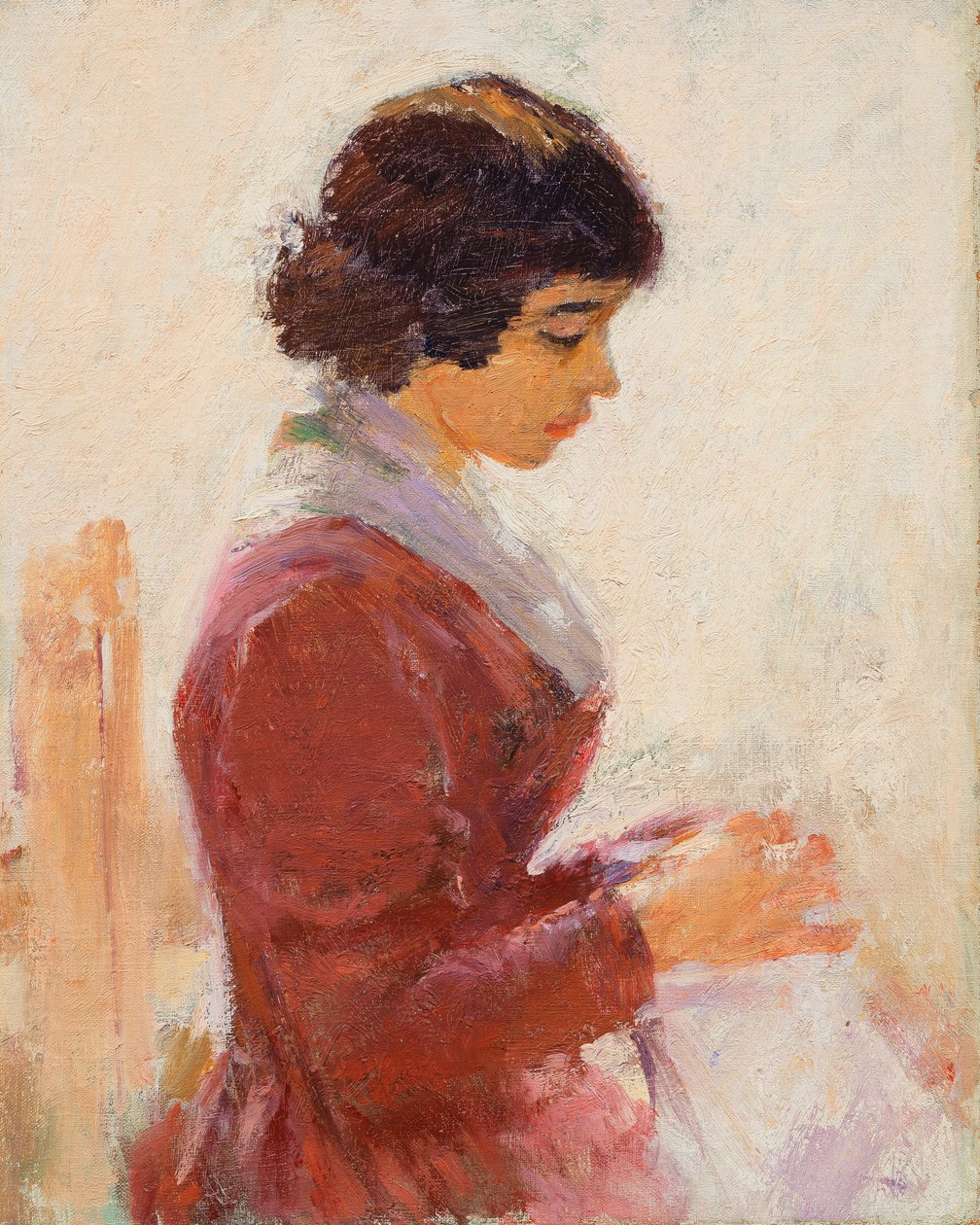 Ragazza in rosso, cucendo da Theodore Robinson