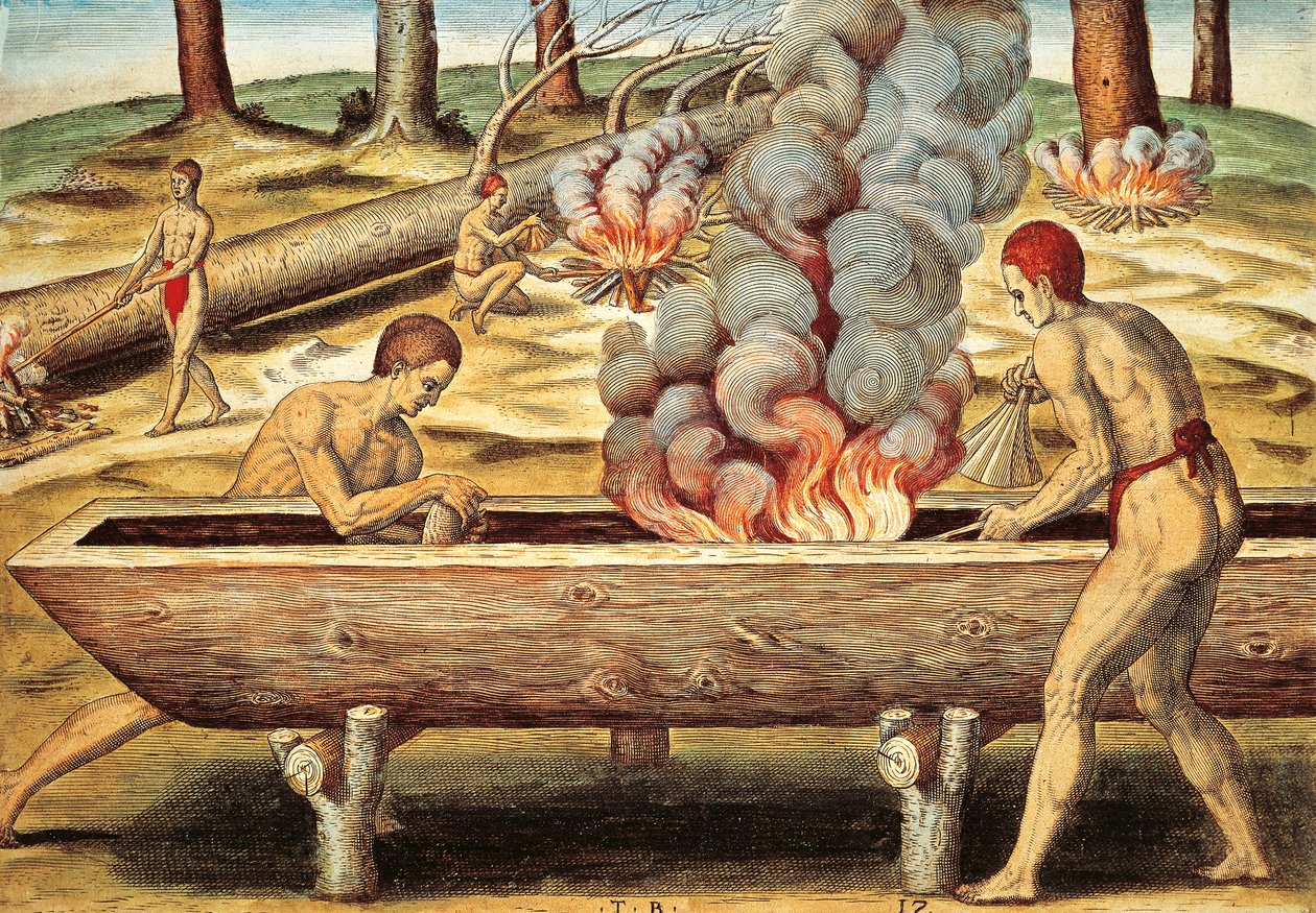 Indigeni della Virginia che costruiscono una piroga da Theodore de Bry