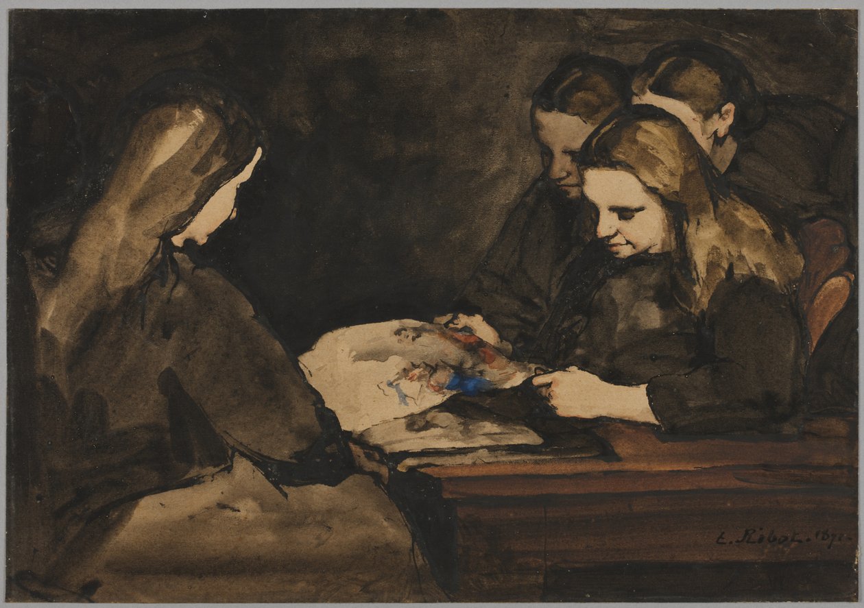 Quattro ragazze che studiano un disegno da Theodule Ribot