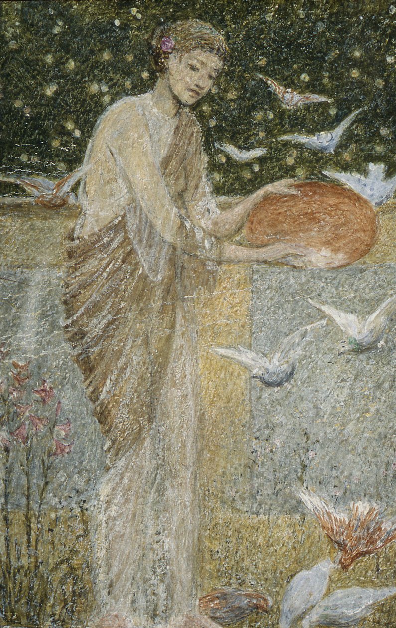 Ragazza che nutre i piccioni. Uno dei tre schizzi per la decorazione di Bank Hall, vicino a Chapel-en-le-Frith, Derbyshire da Thomas Armstrong