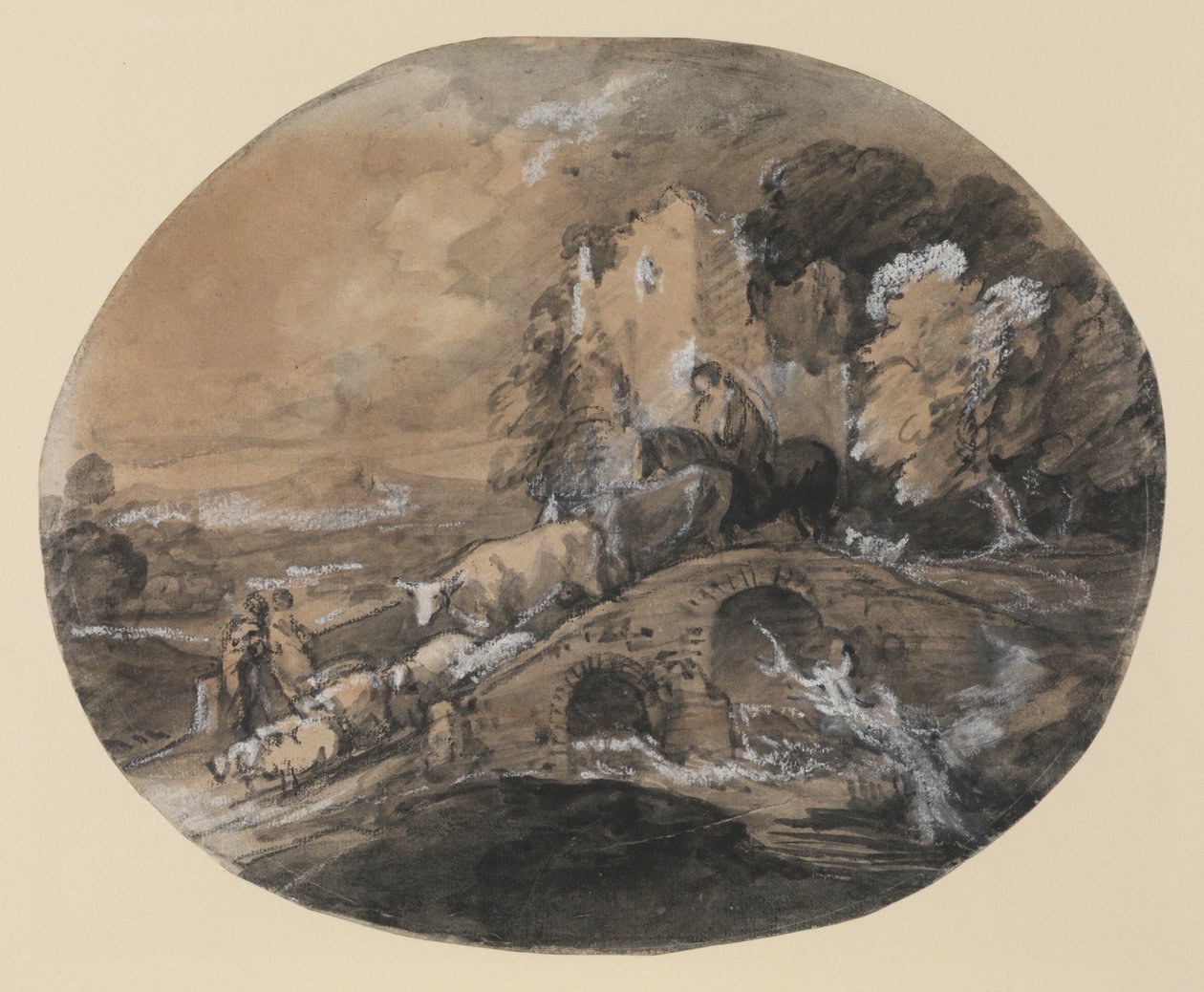 Paesaggio boscoso con mandriano che guida il bestiame su un ponte, contadini e un castello in rovina, 1781 da Thomas Gainsborough