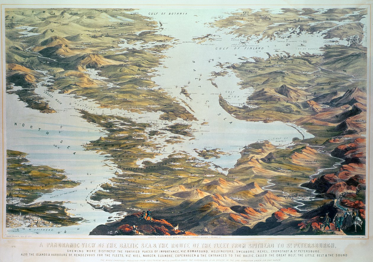 Vista panoramica del Mar Baltico e del percorso della flotta da Spithead a San Pietroburgo, da mappe e carte governative realizzate sotto la supervisione di un ufficiale nella spedizione sotto Sir Charle da Thomas Packer