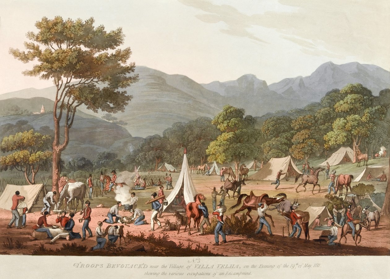 Truppe accampate vicino al villaggio di Villa Velha, la sera del 19 maggio 1811, mostrando le varie occupazioni di un accampamento, 1810-11 da Thomas Staunton St. Clair