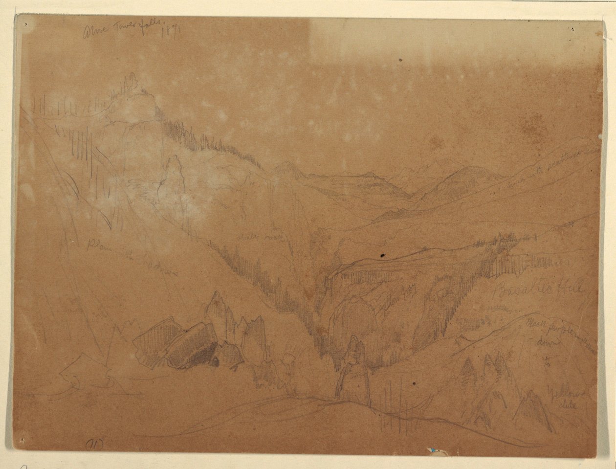 Disegno, Yellowstone, sopra le cascate Tower, 1871 da Thomas Moran