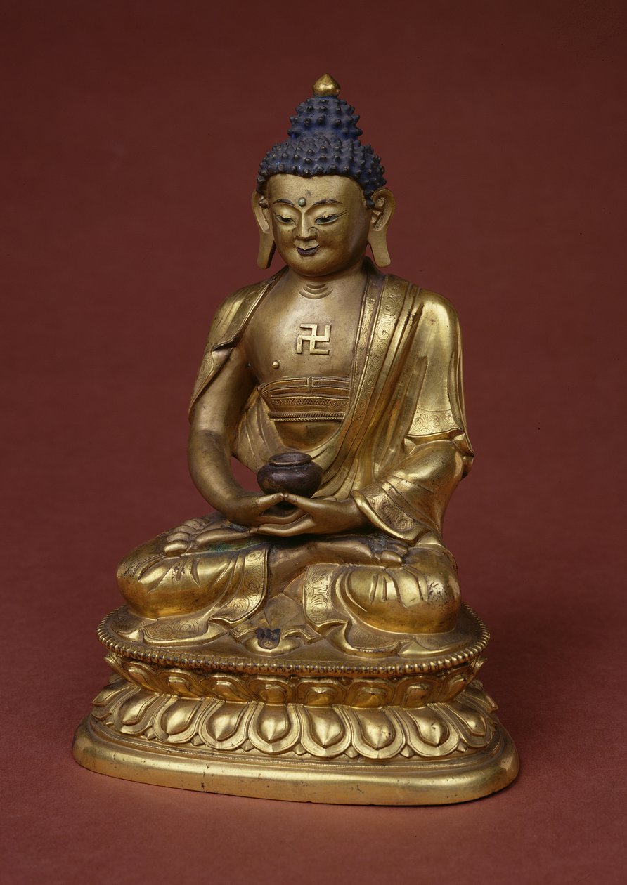 Buddha Amitayus seduto in meditazione con il vaso del nettare (amrta) in grembo da Tibetan School