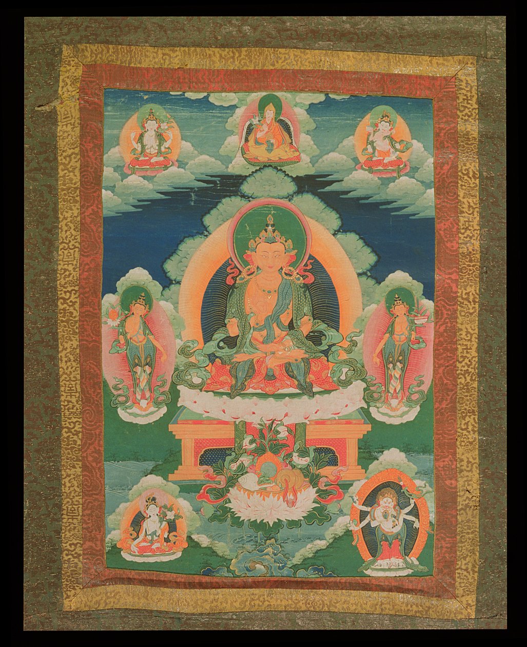 Dipinto Thangka raffigurante un Bodhisattva non identificato, con vari bodhisattva, divinità e uomini santi intorno, da Lhasa, 1780-1880 da Tibetan School